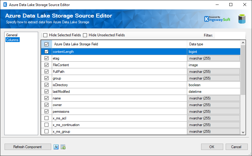 Azure Data Lake Storage Source Component - Columns Page